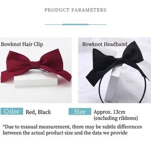 Elegant red bow hair clip and black bow headband set, 13cm satin aesthetic headpiece