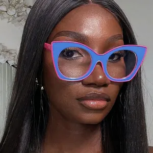 Cat eye blue light blocking glasses with stylish blue and pink color block frame