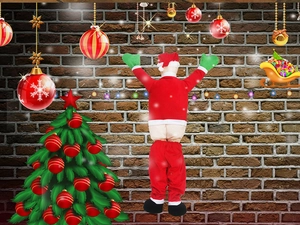 Detailed back view of funny Santa Claus plush hanging on brick wall for Christmas decor