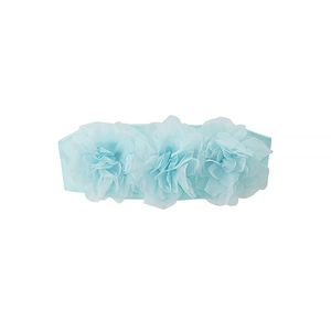 Light blue chiffon flower headband featuring three soft fabric blossoms for women