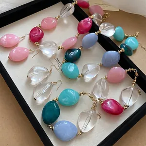 Colorful oval acrylic bead necklace and bracelet jewelry set with marble texture beads