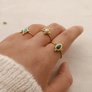 Retro 18K gold stainless steel open rings set with green turquoise and marble stones