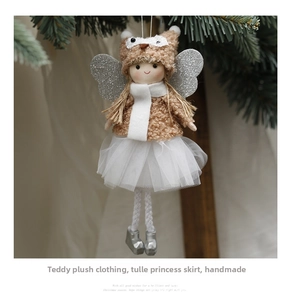 Handmade brown plush angel doll Christmas tree ornament with white mesh skirt and wings