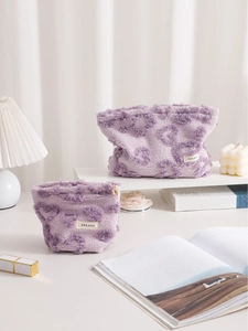 Purple Plush Makeup Bag Heart Pattern Fuzzy Cosmetic Organizer Soft Canvas Lining Travel Toiletry Pouch For Women
