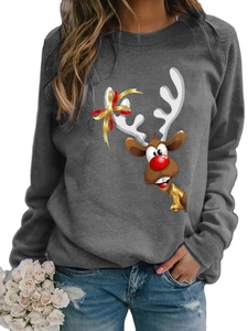 Detail of Christmas reindeer print with golden bells on dark grey long sleeve sweatshirt