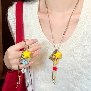 Star Pendant Necklace Acrylic Resin Colorful Stars Adjustable Wax Rope Vacation Style Cute Jewelry For Women