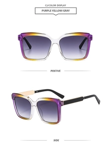 Vista frontal y lateral de gafas de sol cuadradas grandes con lentes degradadas violeta y amarillo