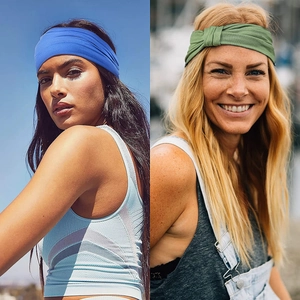 Outdoor close-up of blue and green elastic headbands worn by models for yoga and sports