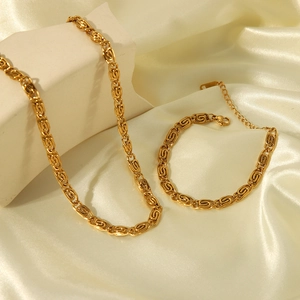 18K gold plated stainless steel chunky chain necklace and bracelet set on silk