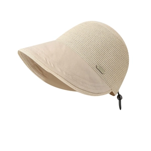 Women's beige straw equestrian sun hat with adjustable cord and fashion metal badge