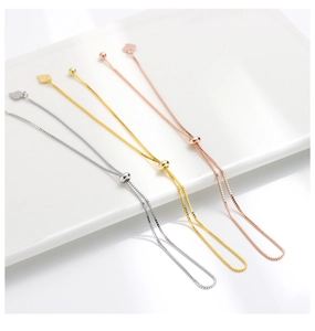 Adjustable S925 sterling silver box chains in silver gold and rose gold with heart slider