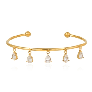 18K gold plated open bangle featuring five elegant pear-cut teardrop cubic zirconia drops
