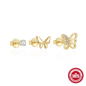 S925 sterling silver gold stud earring set with butterfly and zircon designs