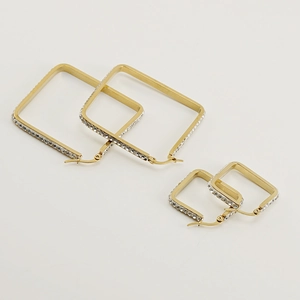 Minimalist square gold earrings with glittering cubic zirconia in two size options