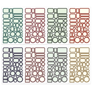 Set of 8 colorful vintage label stickers in various geometric shapes for scrapbooking