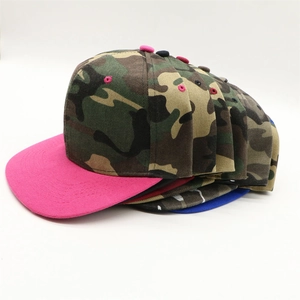 Detailed side view of camouflage flat brim hip-hop hats in multiple color combinations