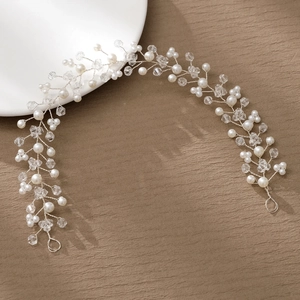 Silver bridal headband with ceramic flowers, white pearls and crystals on vine wire