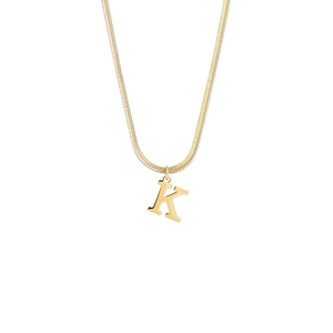 Detail view of 18K gold plated stainless steel snake chain with a polished letter K pendant