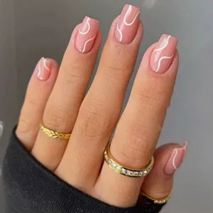 Press On Nails Square Round Shape Nude Pink With White Abstract Wave Line Pattern Detachable False Nails For Women