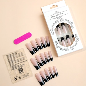 French style long coffin press-on nails with silver glitter lines and full tool kit