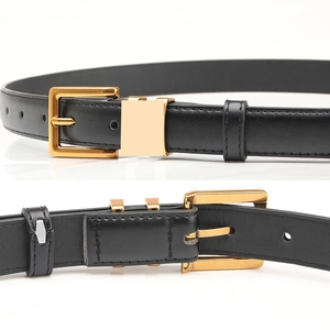 Vintage black leather belt for women with gold letter buckle and stitched edges