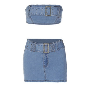 Women's two-piece blue denim set with strapless bandeau top and matching mini skirt