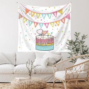 Detail of bohemian birthday wall tapestry featuring a colorful cake and happy birthday banner