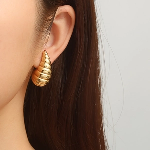 Elegant 18K gold plated spiral water drop stud earrings with hollow texture for women