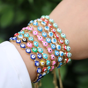 Bohemian Copper Evil Eye Adjustable Bracelet For Women Retro Ethnic Style Enamel Drip Oil Colorful Beads Gold Plated Rhinestone Hand Jewelry Gift