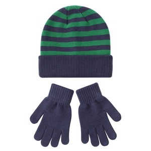 Detail view of children's striped knit beanie and solid blue gloves set for winter