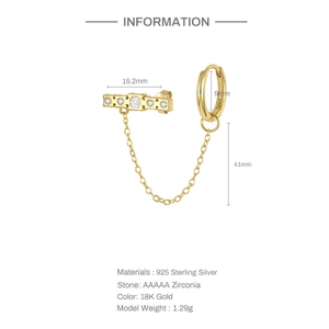 Detail of 925 sterling silver chain earrings with size dimensions and AAAAA zirconia inlay