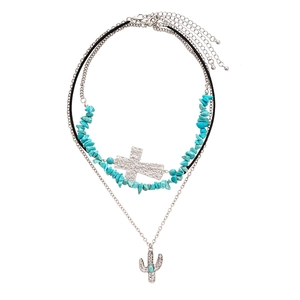 Bohemian multilayer necklace set with silver cross and turquoise cactus pendants