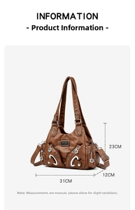 Detailed dimensions of a brown vintage tote bag showing 31x23x12cm size measurements