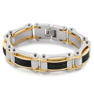 Industrial Punk Bracelet For Men Stainless Steel With Steel Cable Inlay Mechanical Chain Link Motorcycle Rock Jewelry