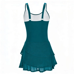 Detail of teal one-piece swim dress back with adjustable straps and layered mesh skirt