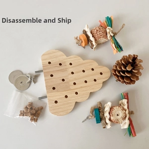 Detailed set of parrot climbing platform with natural pine cones and colorful chew toys
