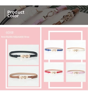 Detail showing women's slim adjustable belts with gold rose buckles in six colors