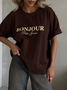 T-shirt femme ample marron chocolat avec impression graphique Bonjour Mon Amour