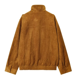 Rückansicht der braunen Wildlederjacke mit Stoffstruktur und horizontalen Nähten