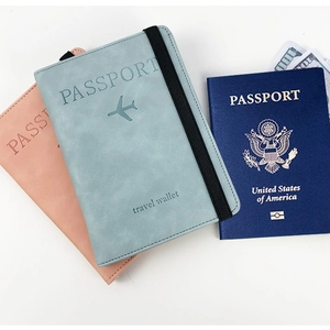 Light blue and pink PU leather passport cover sets with elastic strap for travel security