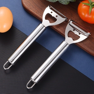 Stainless steel vegetable peeler and bottle opener tool with serrated blade and hanging loop