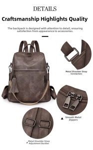 Detailed close-up of smooth metal zippers and hardware on a vintage brown leather backpack
