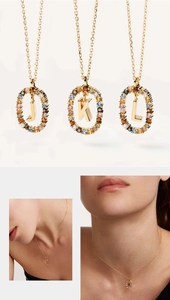 Detail view of gold letter necklaces J, K, L with colorful crystals on models