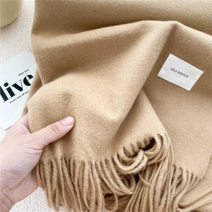 Classic camel winter scarf with long tassels and thick pashmina feel for women