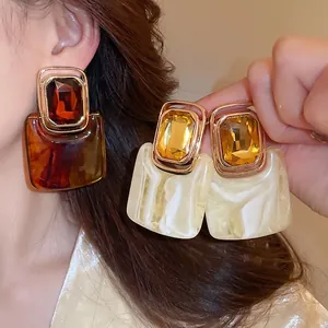 Vintage Geometric Square Resin Drop Earrings Alloy Rhinestone With 925 Sterling Silver Earring Post For Women