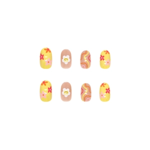 Cute round press-on nails featuring yellow floral, smiley faces, and colorful wave patterns