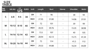 Detailed size guide for sleeveless blazer vest showing measurements in inches and cm