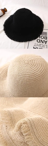 Details zum Stroh-Sonnenhut mit Fransenrand und Webstruktur in Schwarz und Beige