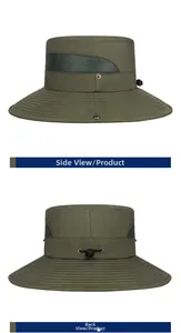 Detail view of military green outdoor sun hat with breathable mesh and adjustable drawcord