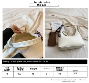Size chart showing 26cm width white crescent shoulder bag with printed silk scarf detail